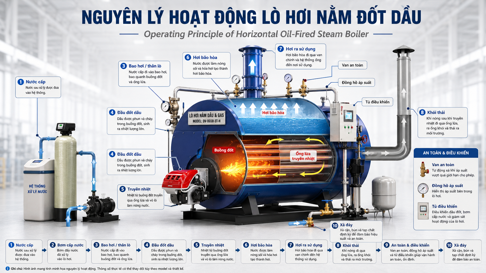 Sơ đồ lò dầu tải nhiệt đốt DO, FO, gas, gồm đầu đốt, cụm trao đổi nhiệt, đường dầu nóng và bơm tuần hoàn dầu hồi.