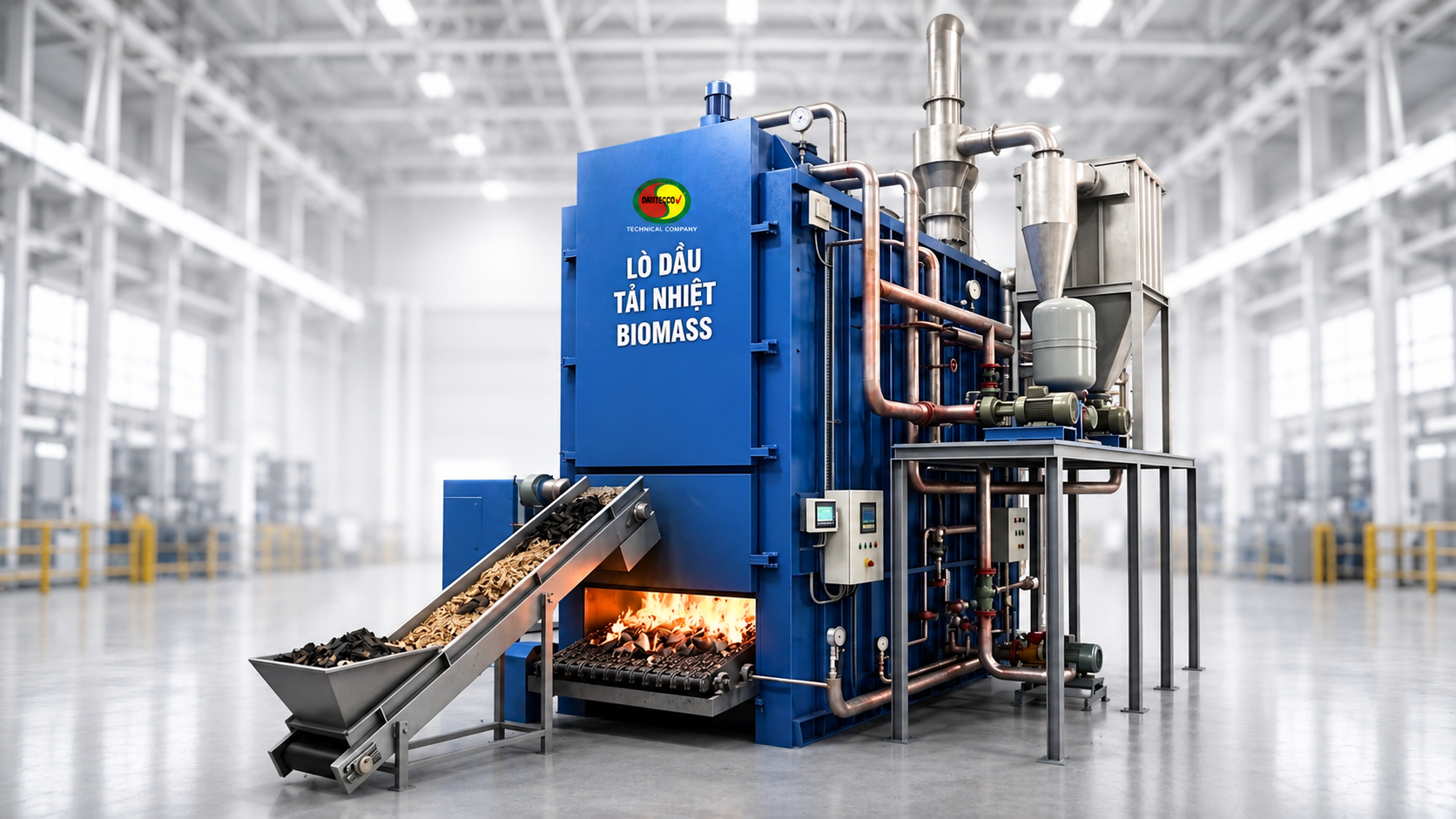 Minh họa lò dầu tải nhiệt biomass DAVITECCO với băng tải cấp nhiên liệu, buồng đốt, đường ống dầu và cụm xử lý khói.