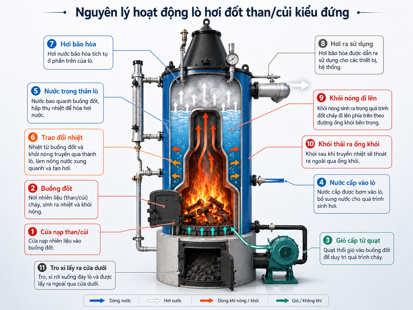 Sơ đồ cắt bổ lò hơi đốt than, củi kiểu đứng, minh họa buồng đốt, nước bao quanh, khoang hơi và các dòng nước, hơi, khói, gió cấp.