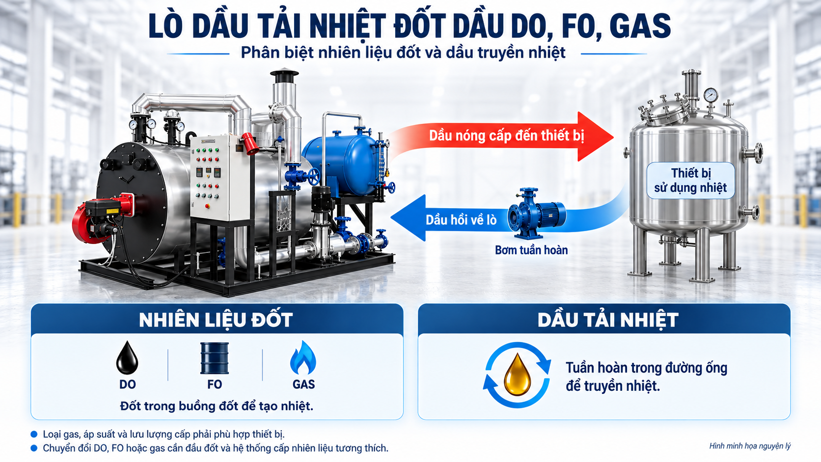 Minh họa lò dầu tải nhiệt đốt DO, FO, gas với dòng dầu nóng cấp đến thiết bị và dầu hồi về qua bơm tuần hoàn.