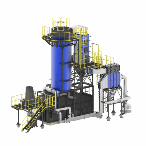 Minh họa lò dầu tải nhiệt biomass DAVITECCO với băng tải cấp nhiên liệu, buồng đốt, đường ống dầu và cụm xử lý khói.