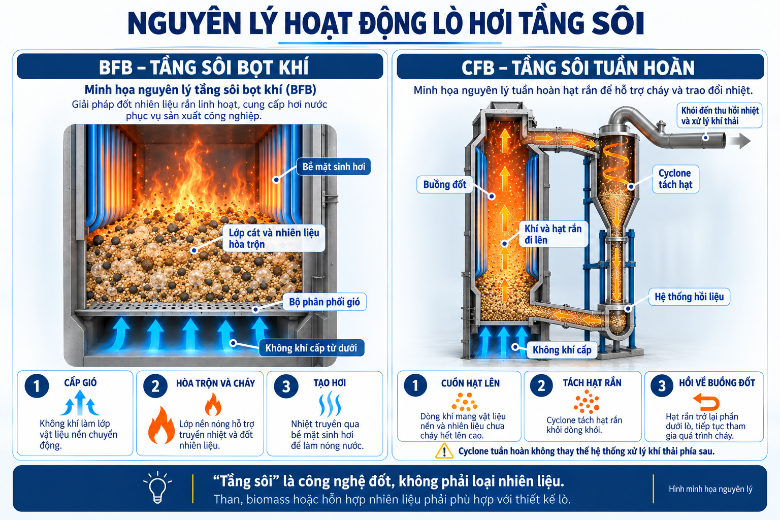 Minh họa nguyên lý lò hơi tầng sôi BFB và CFB, với lớp vật liệu sôi và vòng tuần hoàn hạt rắn qua cyclone.