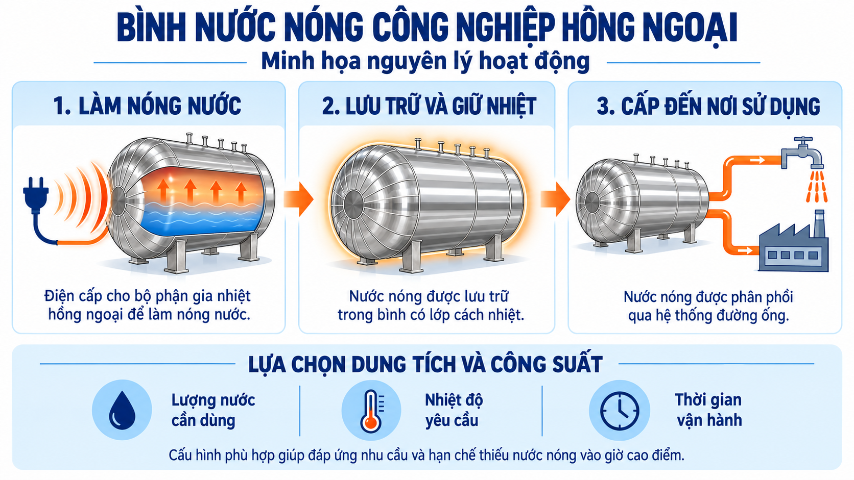 Nguyên lý bình nước nóng công nghiệp hồng ngoại: làm nóng nước bằng điện, giữ nhiệt trong bình bảo ôn và cấp nước qua đường ống.