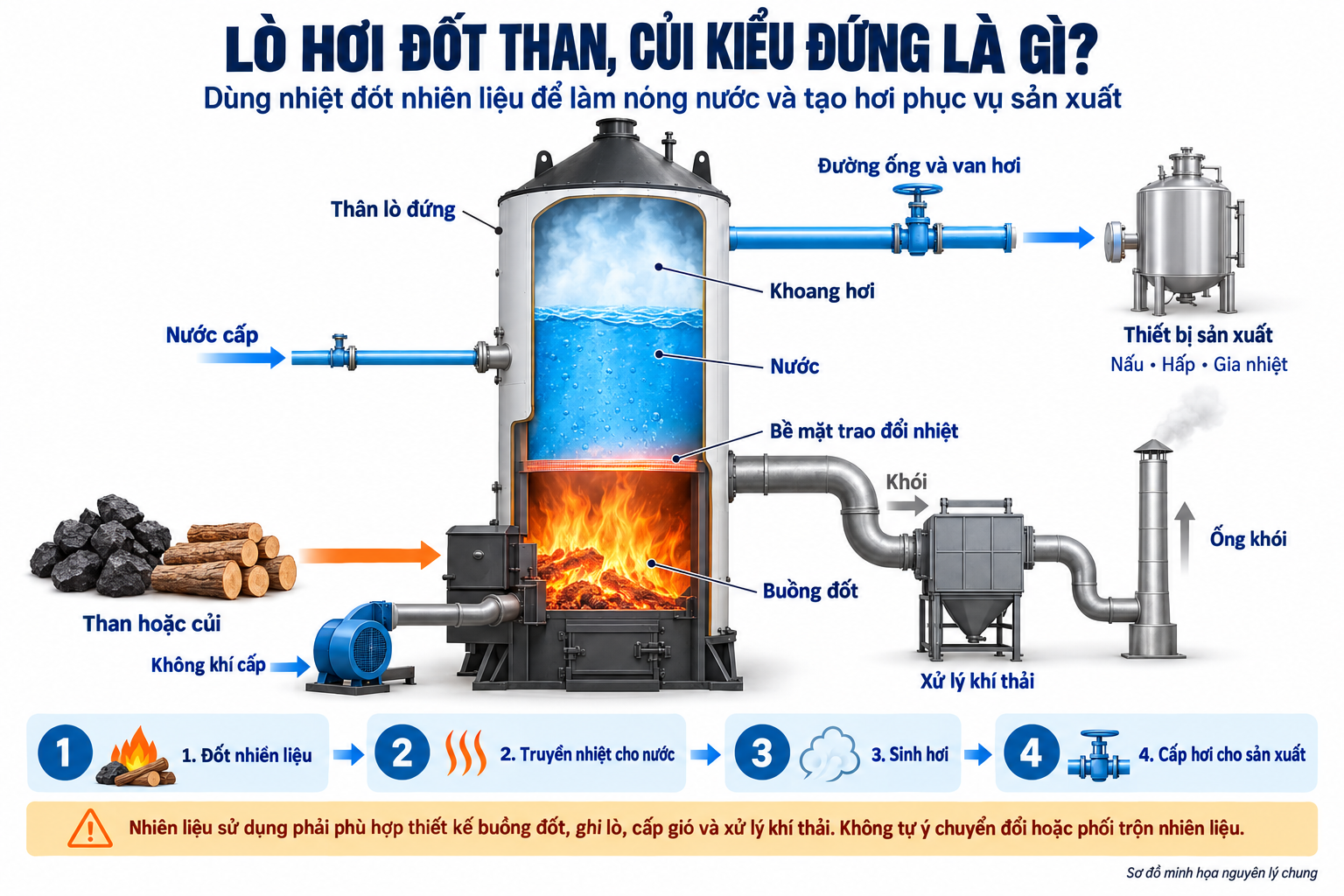 Sơ đồ nguyên lý lò hơi đốt than, củi kiểu đứng: đốt nhiên liệu, truyền nhiệt cho nước và cấp hơi đến thiết bị sản xuất.