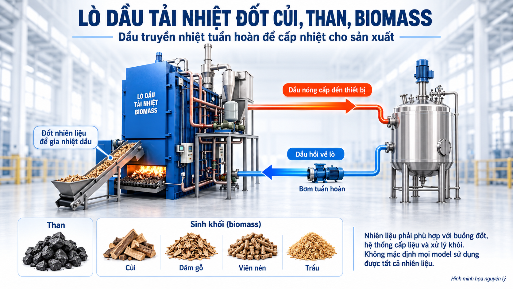 Lò dầu tải nhiệt đốt củi, than, biomass với đường dầu nóng cấp đến thiết bị, bơm tuần hoàn và đường dầu hồi về lò.