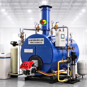 Hình ảnh lò hơi đốt dầu/gas công nghiệp được thiết kế hiện đại, gia nhiệt nhanh, cung cấp nguồn hơi ổn định và dễ điều chỉnh công suất. Thiết bị phù hợp cho nhà máy thực phẩm, dệt may, giặt là, chế biến và nhiều ngành sản xuất cần nguồn hơi liên tục.